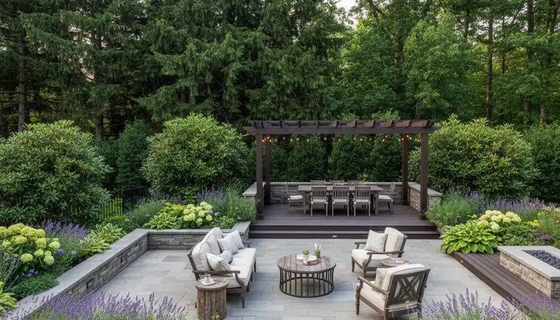 Backyard patio landscaping with lighting and garden beds by Chop Chop Landscaping in Louisville, KY