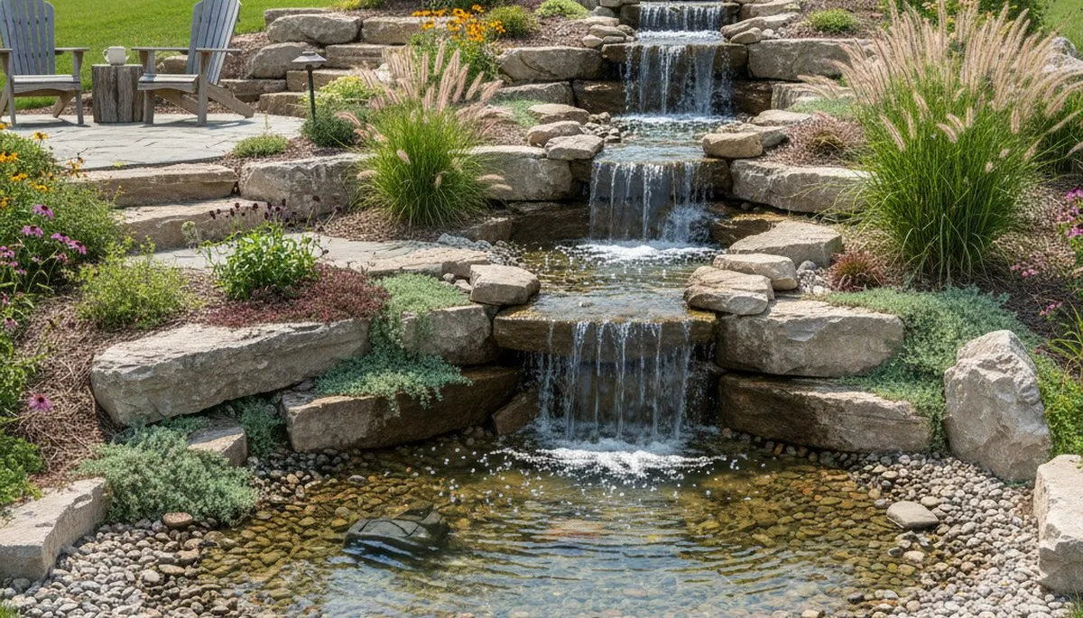 Multi-tiered backyard waterfall and rock garden landscaping in Sellersburg, IN by Louisville landscapers