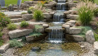 Multi-tiered backyard waterfall and rock garden landscaping in Sellersburg, IN by Louisville landscapers