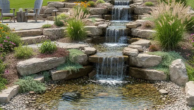Multi-tiered backyard waterfall and rock garden landscaping in Sellersburg, IN by Louisville landscapers