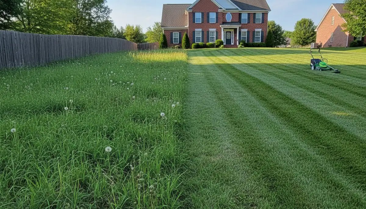 Before and after lawn mowing showing lush green yard transformation in Louisville, KY by Chop Chop Landscaping