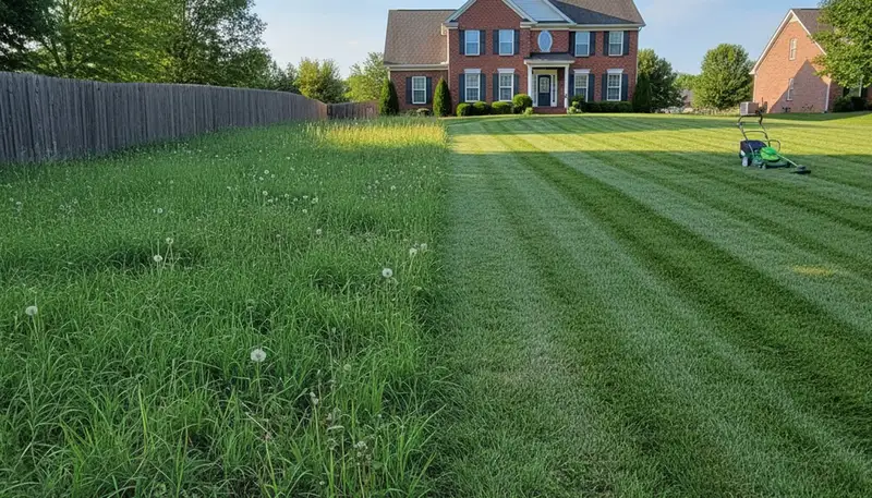 Before and after lawn mowing showing lush green yard transformation in Louisville, KY by Chop Chop Landscaping