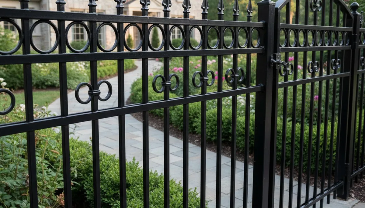 Black ornamental metal fence installation in Louisville KY showcasing decorative design by Chop Chop Landscaping
