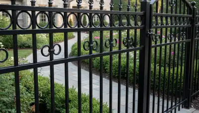 Black ornamental metal fence installation in Louisville KY showcasing decorative design by Chop Chop Landscaping