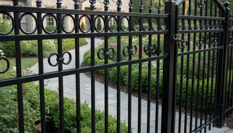 Black ornamental metal fence installation in Louisville KY showcasing decorative design by Chop Chop Landscaping