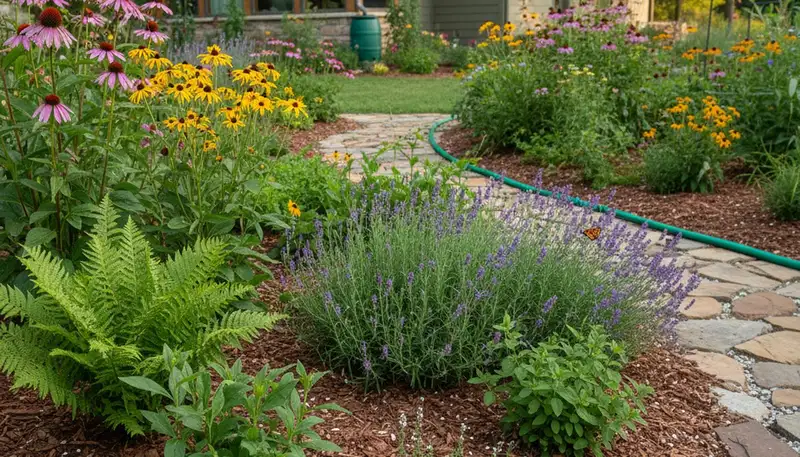Organic landscape beds with vibrant plants and natural mulch by Chop Chop Landscaping in Louisville, KY