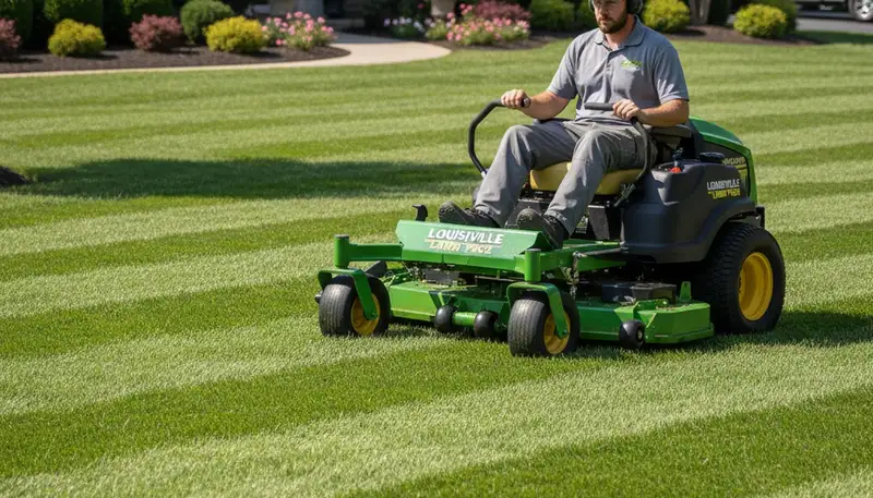 Professional landscaper mowing striped lawn with commercial mower in Louisville, KY