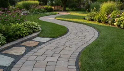 Curved stone paver pathway in Louisville, KY residential landscape by Chop Chop Landscaping