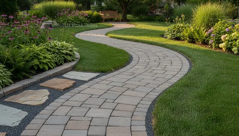 Curved stone paver pathway in Louisville, KY residential landscape by Chop Chop Landscaping