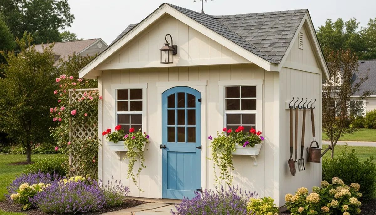 Decorative garden shed with landscape design by Chop Chop Landscaping in Louisville, KY