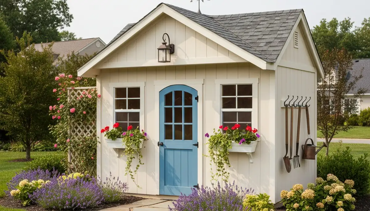 Decorative garden shed with landscape design by Chop Chop Landscaping in Louisville, KY