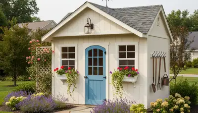 Decorative garden shed with landscape design by Chop Chop Landscaping in Louisville, KY