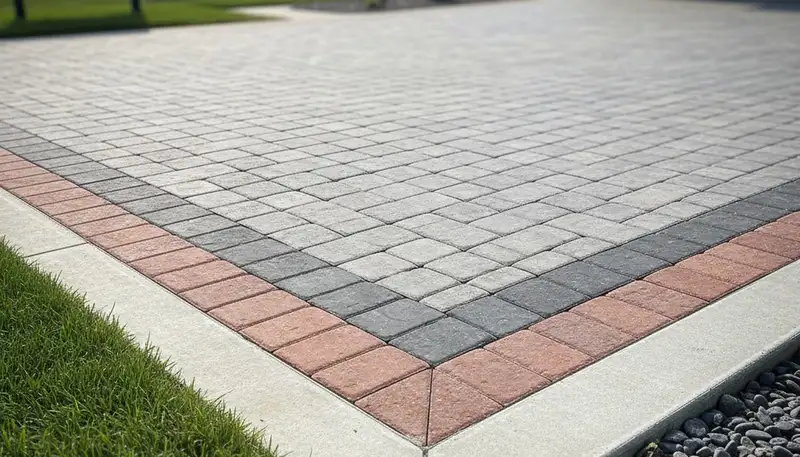 Decorative driveway paver border with soldier course edging in Louisville, KY by Chop Chop Landscaping