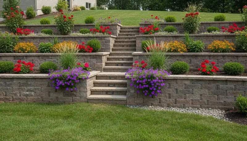 Tiered natural stone retaining wall with flowering plants in Clarksville IN by Louisville KY landscaping experts