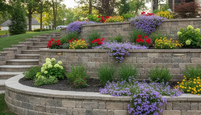 Decorative stone retaining wall with tiered native plantings in Floyds Knobs, IN by Louisville landscapers