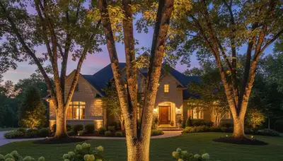 Mature trees with professional uplighting in Louisville, KY showcasing landscape lighting design
