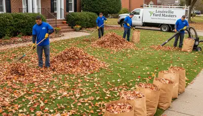 Professional landscapers performing fall leaf removal at a residential yard in Louisville, KY