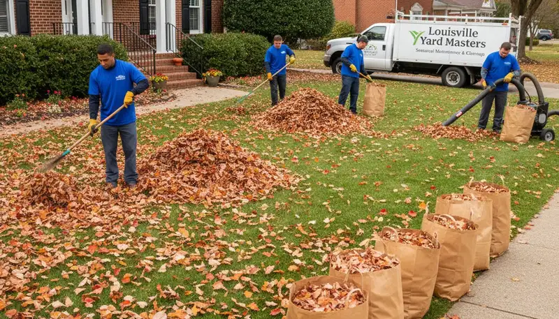 Professional landscapers performing fall leaf removal at a residential yard in Louisville, KY