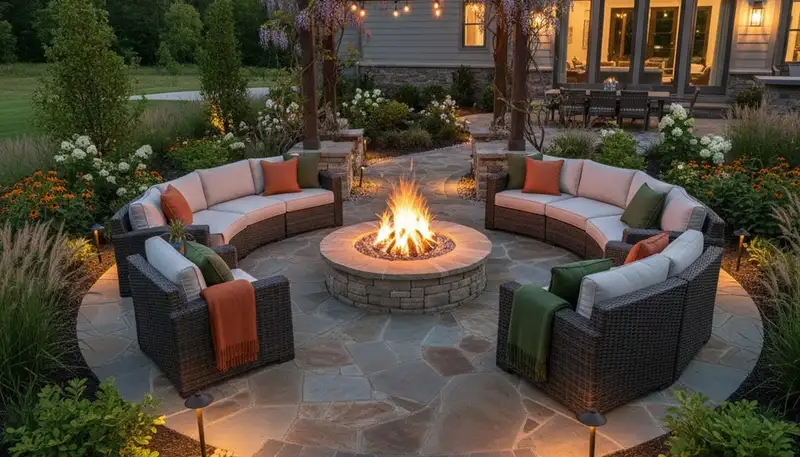Fire pit patio with circular seating and landscape lighting in Clarksville, IN by Louisville landscapers