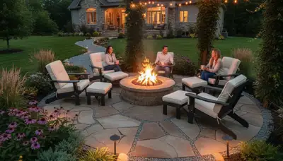 Custom fire pit patio with seating and lighting in Floyds Knobs IN by Louisville KY landscaping experts