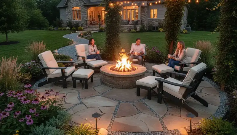 Custom fire pit patio with seating and lighting in Floyds Knobs IN by Louisville KY landscaping experts