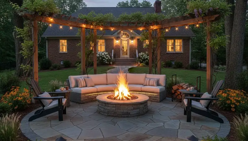 Fire pit patio with circular seating and native landscaping in Jeffersonville, IN by Louisville landscapers