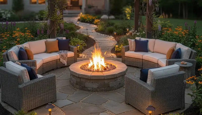 Custom fire pit patio with seating and lighting by Louisville landscaping experts in New Albany, IN
