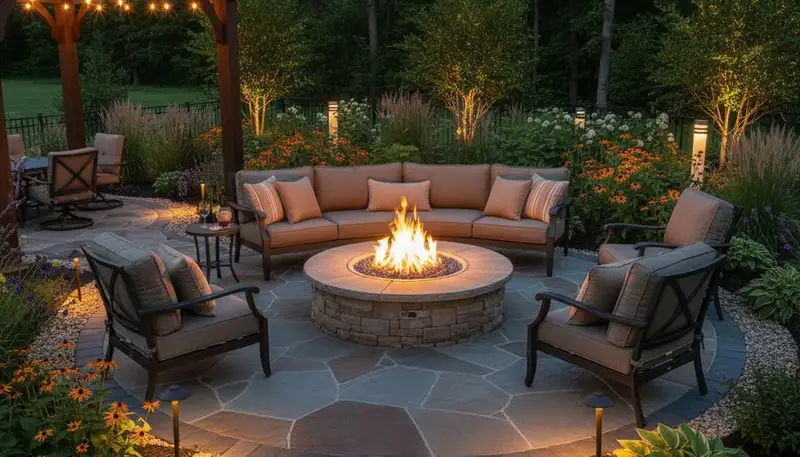 Fire pit patio with paver seating and native plants in Sellersburg, IN by Louisville landscaping experts