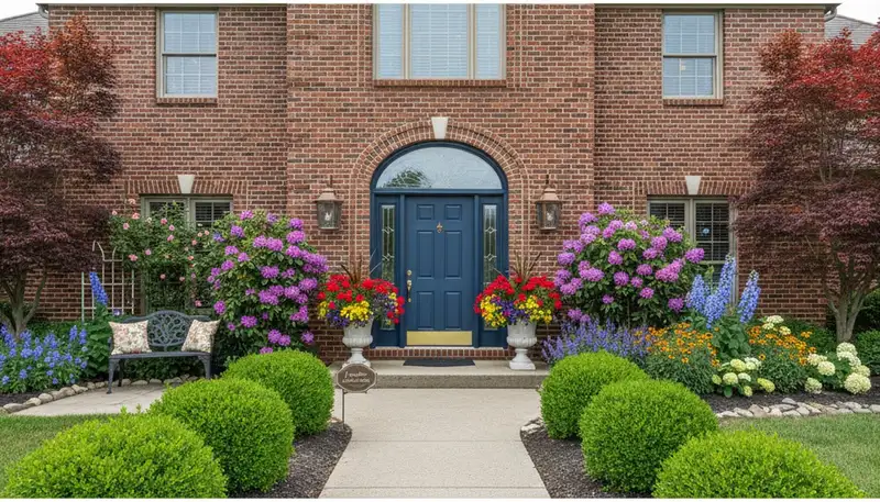 Front yard landscape design with colorful plants and shaped shrubs in Louisville, KY