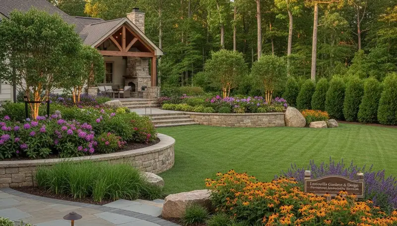 Residential landscape transformation with layered plantings and hardscape in Louisville, KY