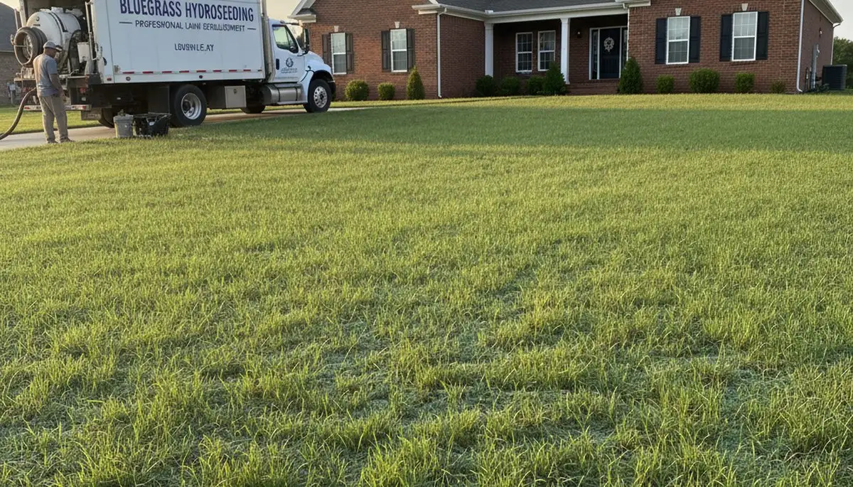 Hydroseeded lawn with new grass growth in Louisville, KY by Chop Chop Landscaping