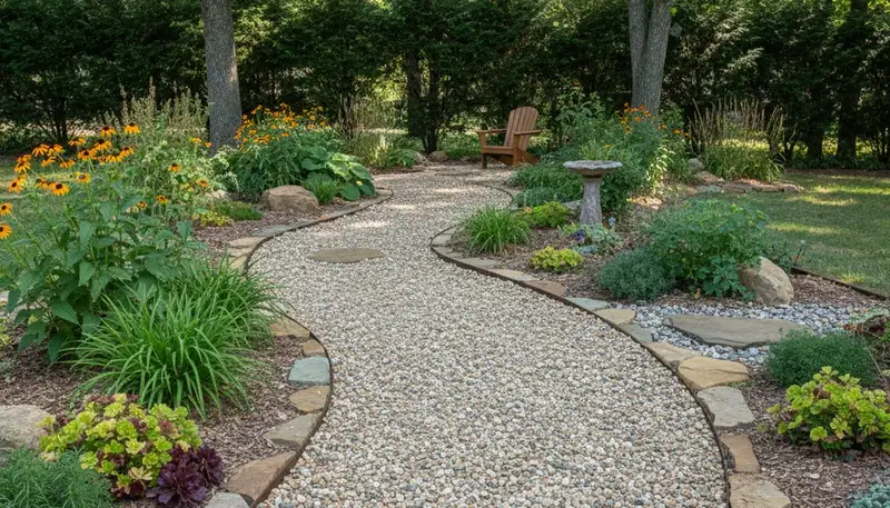Pea gravel garden pathway with clean edges by Chop Chop Landscaping in Louisville, KY