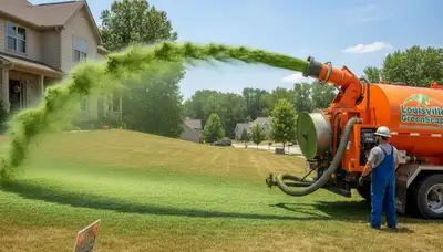Hydroseeder truck spraying green slurry on new lawn in Louisville KY by Chop Chop Landscaping