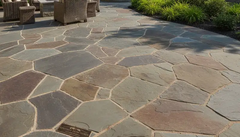 Modern large stone slab patio installation by professional landscapers in Louisville, KY