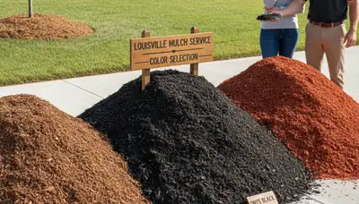 Mulch color options in Louisville KY showing brown, black, and red varieties by Chop Chop Landscaping