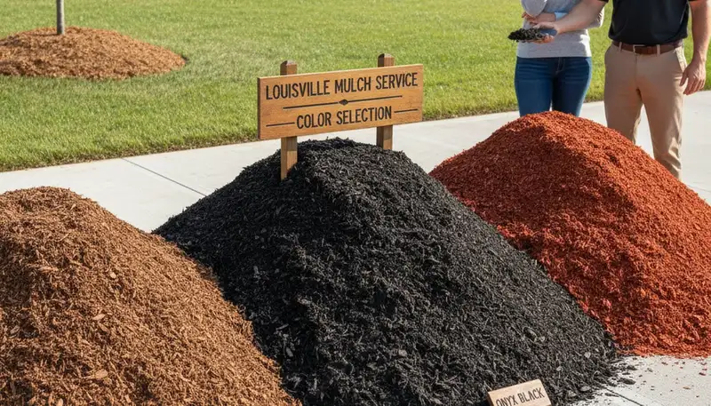 Mulch color options in Louisville KY showing brown, black, and red varieties by Chop Chop Landscaping