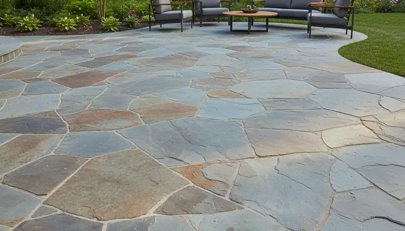 Flagstone patio with natural slate pavers installed by Chop Chop Landscaping in Louisville, KY