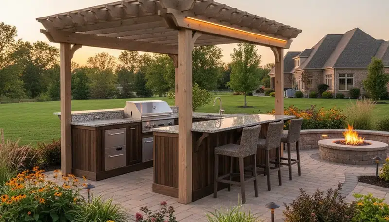 Luxury outdoor kitchen with pergola and granite countertops by Louisville landscapers in Clarksville, IN