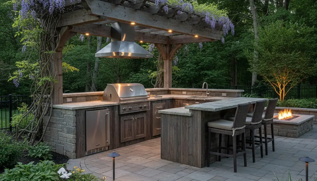 Luxury outdoor kitchen with pergola and paver patio in Floyds Knobs IN by Louisville landscaping experts