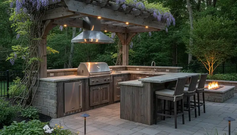 Luxury outdoor kitchen with pergola and paver patio in Floyds Knobs IN by Louisville landscaping experts