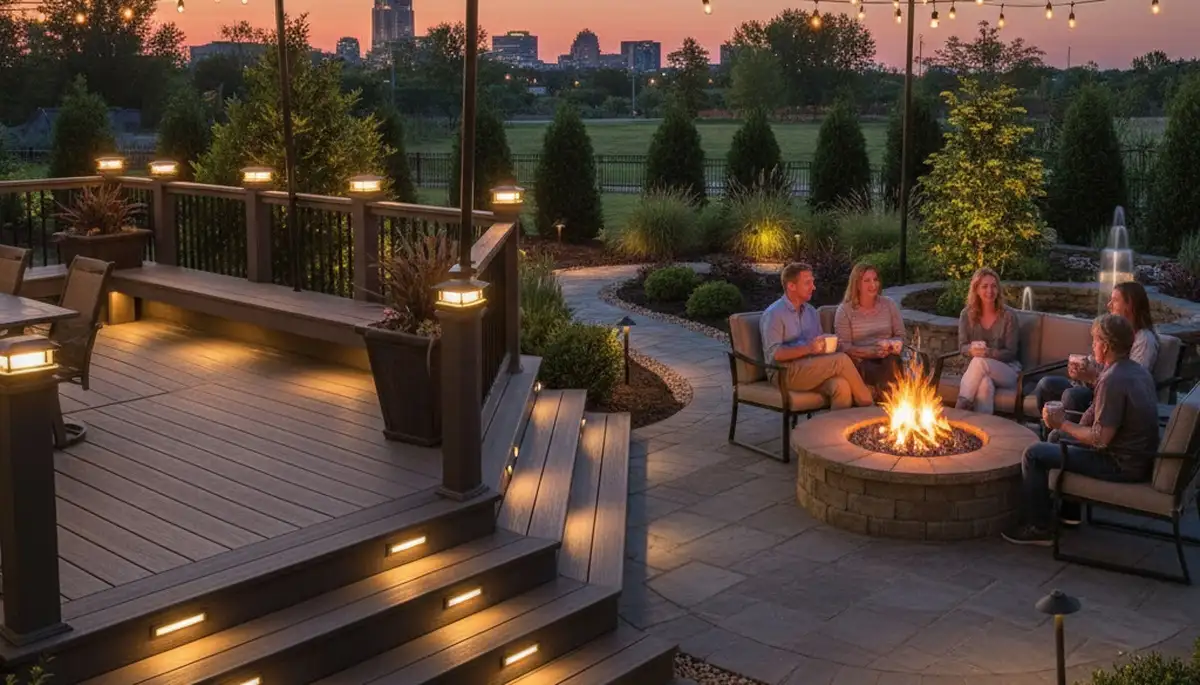 Evening patio lighting with post and step lights by Chop Chop Landscaping in Louisville, KY