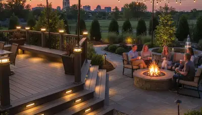 Evening patio lighting with post and step lights by Chop Chop Landscaping in Louisville, KY
