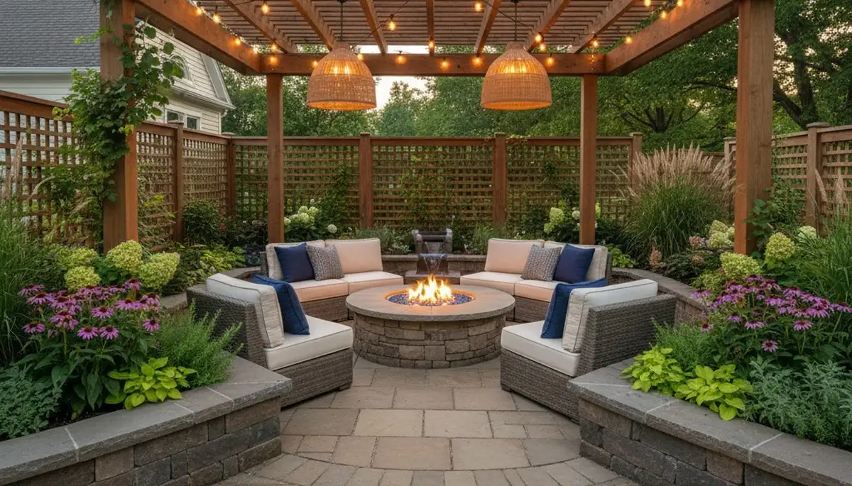Paver patio with pergola and lighting by Louisville landscapers in New Albany IN outdoor living design