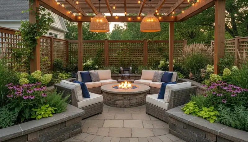 Paver patio with pergola and lighting by Louisville landscapers in New Albany IN outdoor living design