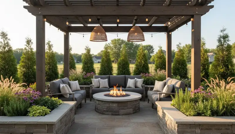 Elegant paver patio and pergola outdoor living design in Sellersburg, IN by Louisville landscaping experts