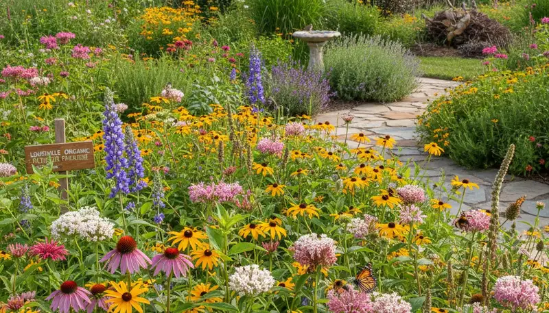 Pollinator-friendly native garden with butterflies and bees by organic landscapers in Louisville, KY