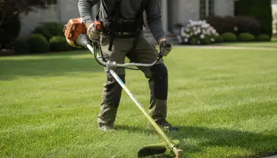 Technician trimming precise lawn edges with string trimmer in Louisville, KY for Chop Chop Landscaping