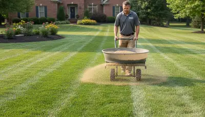 Lawn care technician applying fertilizer with broadcast spreader in Louisville, KY yard