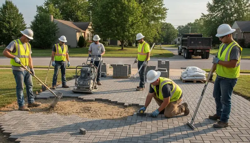 Crew installing driveway pavers with leveling tools in Louisville KY by Chop Chop Landscaping