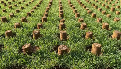 Close-up of soil core plugs after lawn aeration on treated grass in Louisville, KY